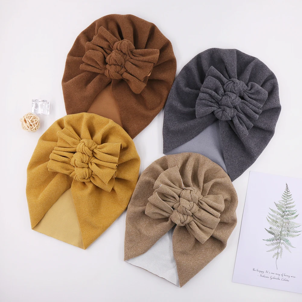 

Handmade Photography Props Infant Autumn Winter Headwraps Soft Warm Beanies Solid Faux Cashmere Folded Knotted Turban Hats Caps