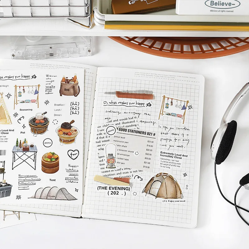 

2 Pieces/Pack Adhesive Stickers Camping Plan Series Notebook DIY Decorative Stickers English Blessing
