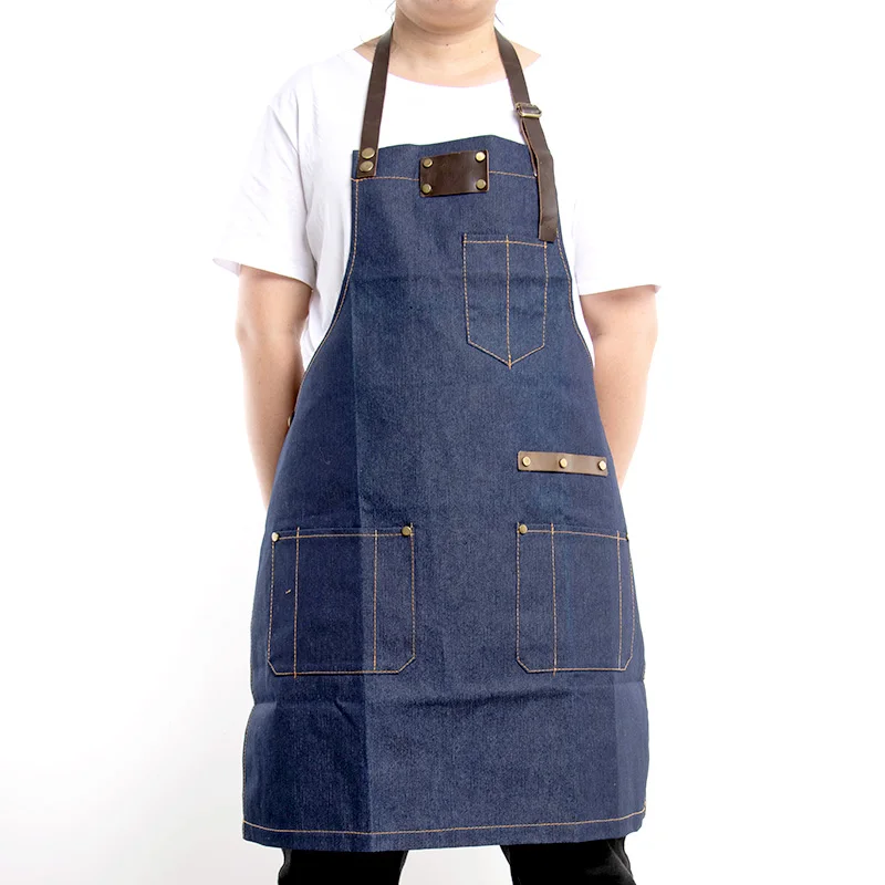 

Wholesale High Quality Eco-Friendly Canvas Blue Adjustable Kitchen Barber Apron With Pockets, Blue apron