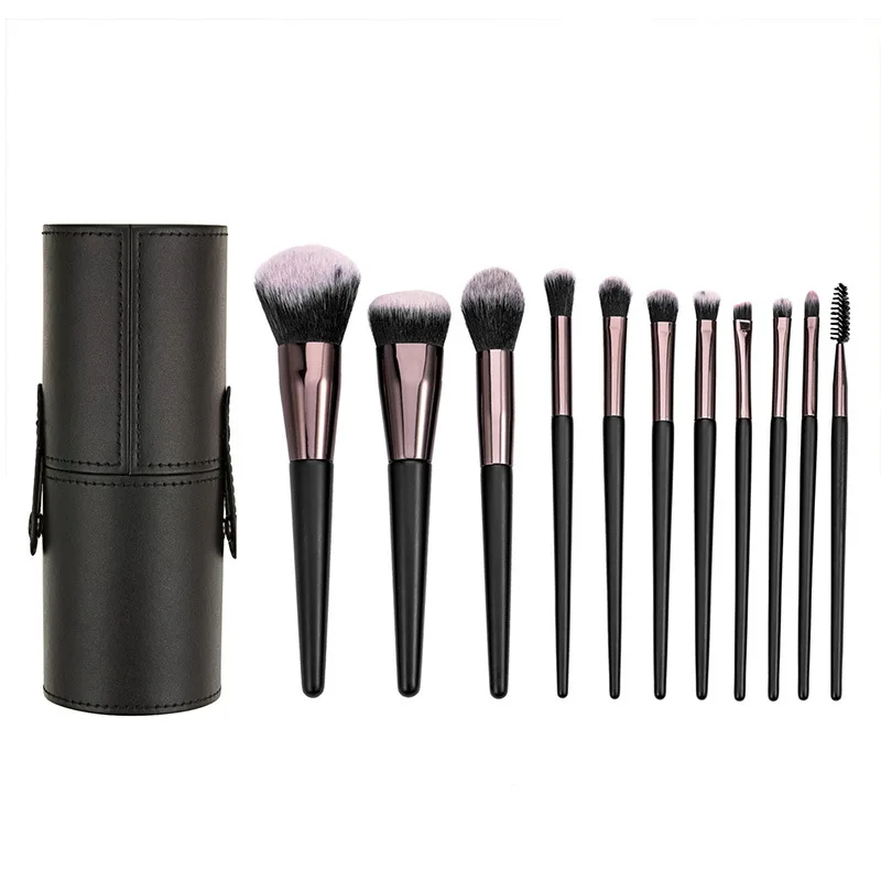 

BANFI makeup brush sets with round PU box low qty customized logo 11pcs black wooden cosmetic brush makeup brushes