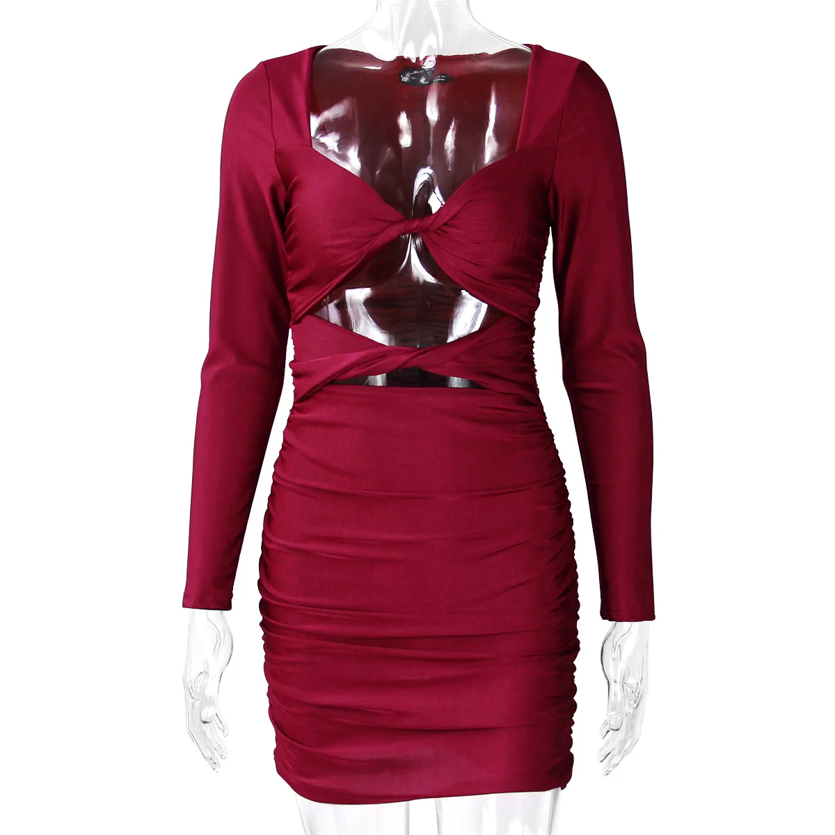 

2021 burgundy sexy bodycon party dress spring long sleeve causal dress for women