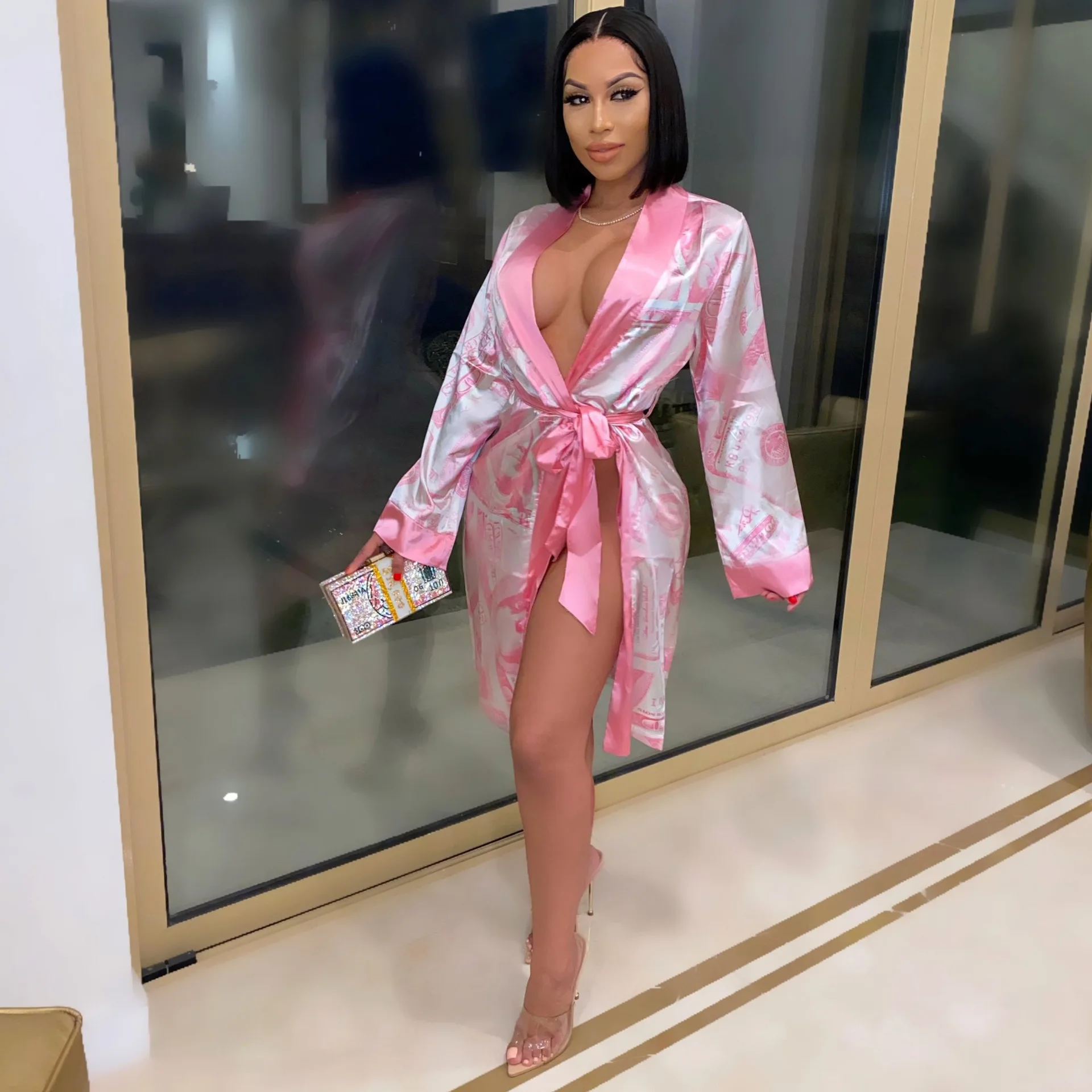 

2021 summer ladies Sleepwear Lingerie Luxury Longue Bath Women Money Robe Silk Satin Robe femme sexy