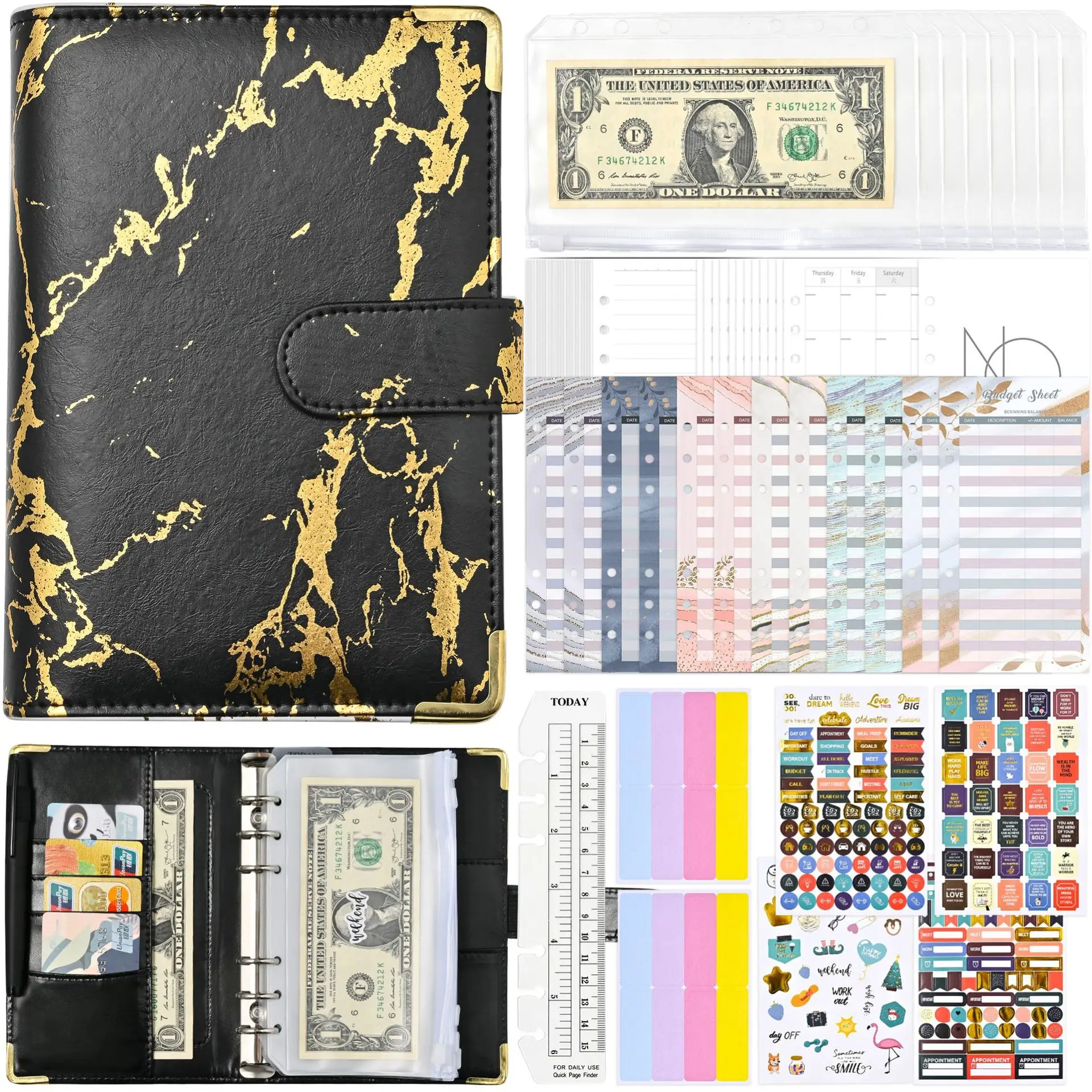 

Wholesale custom logo a6 marble budget binder money notebook binder notebook with cash envelopes planner journal for budgeting