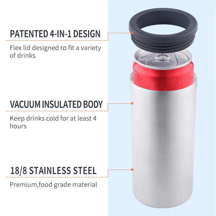 Wholesale 4 In 1 Stainless Steel Insulated Can Cooler,Food Grade 18/8 Double Wall Standard Slim