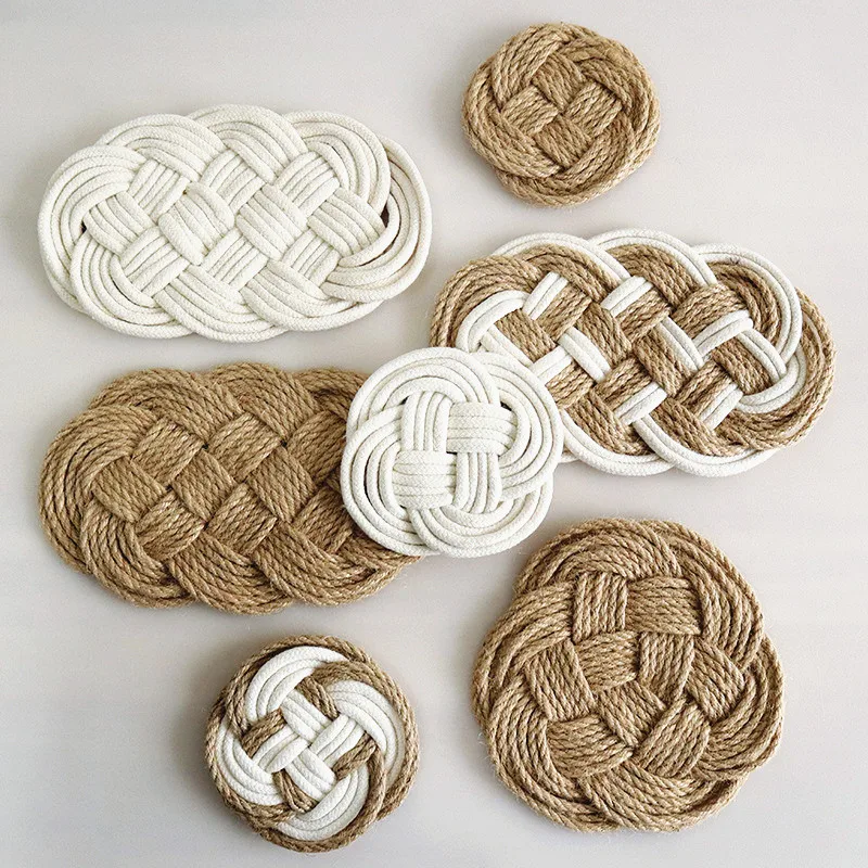 

natural jute woven linen cotton rope placemat coaster shooting props insulation pad