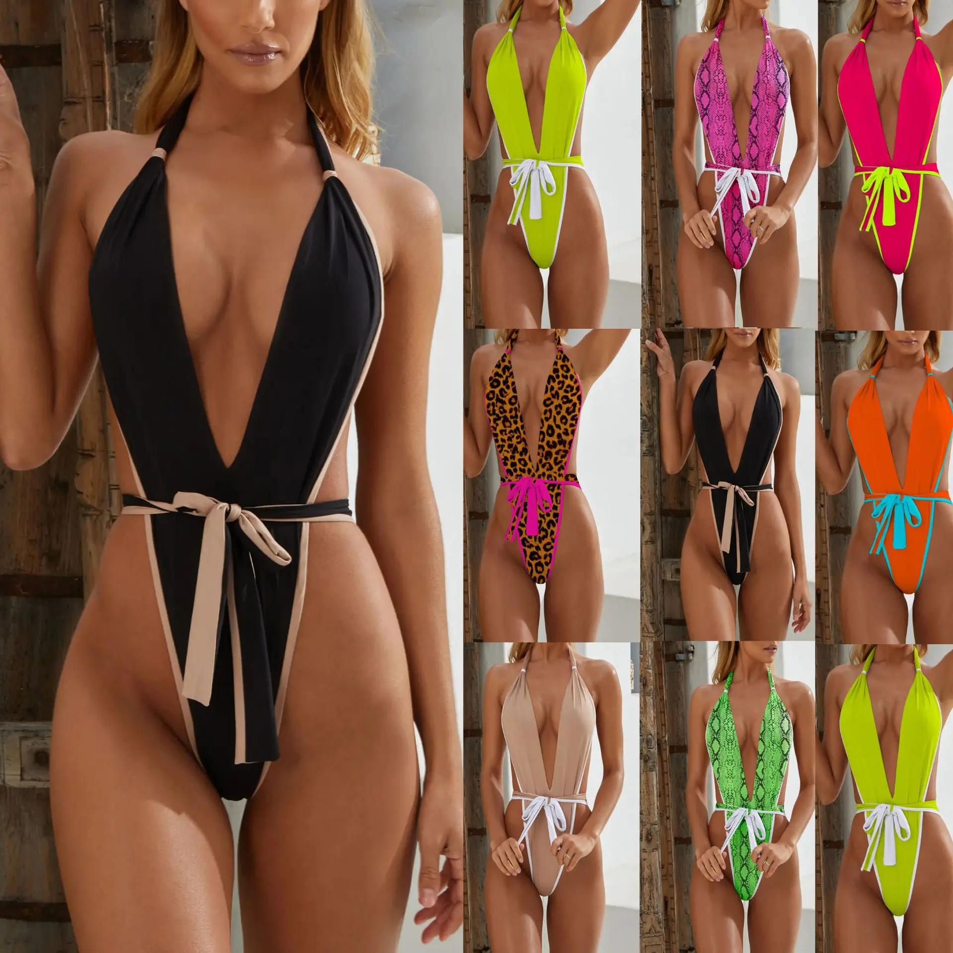 

Hot sexy fashion women swimwear lace up strap bandage micro bikini one piece, 8 colors