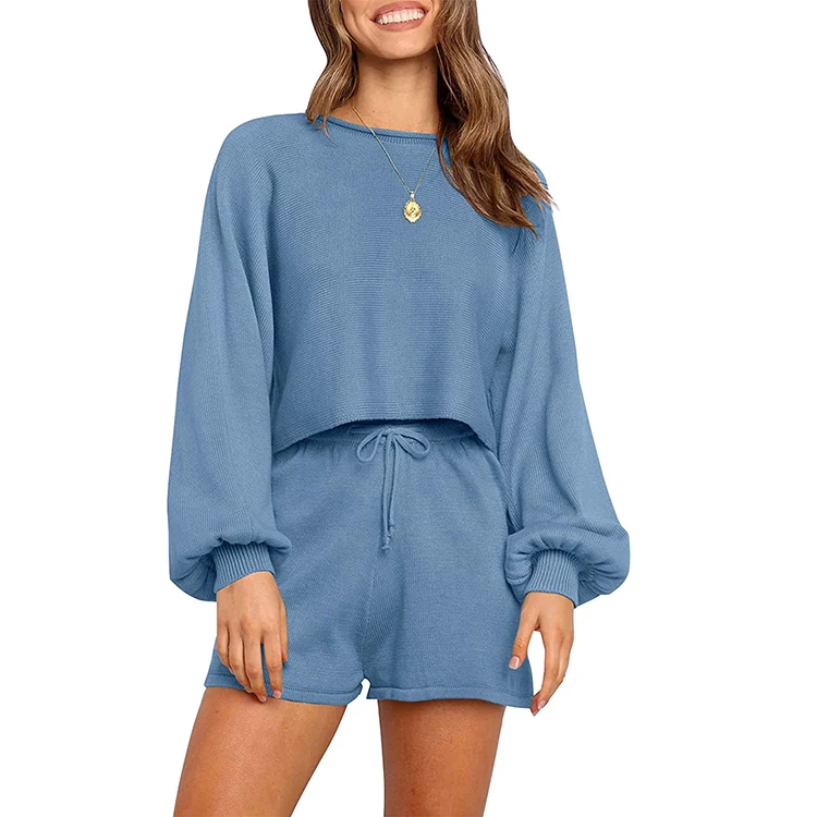 

Wholesale Women's Casual Long Sleeve Solid Color Knit Pullover Sweatsuit 2 Piece Short Sweater Outfits Sets