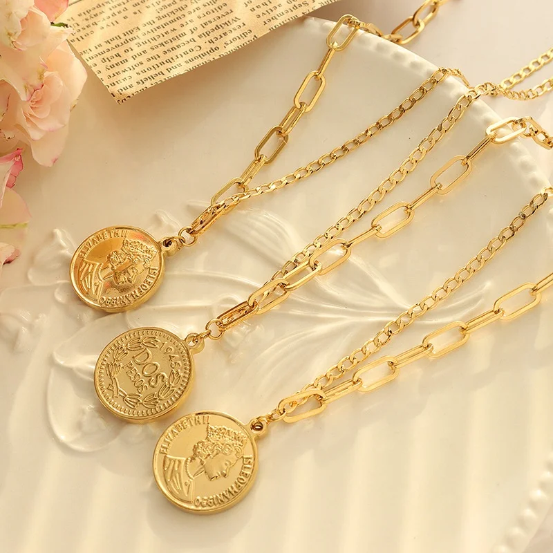 

18K Gold Plated Queen Portrait Coin Pendant Necklace Fashion Stainless Steel Jewelry