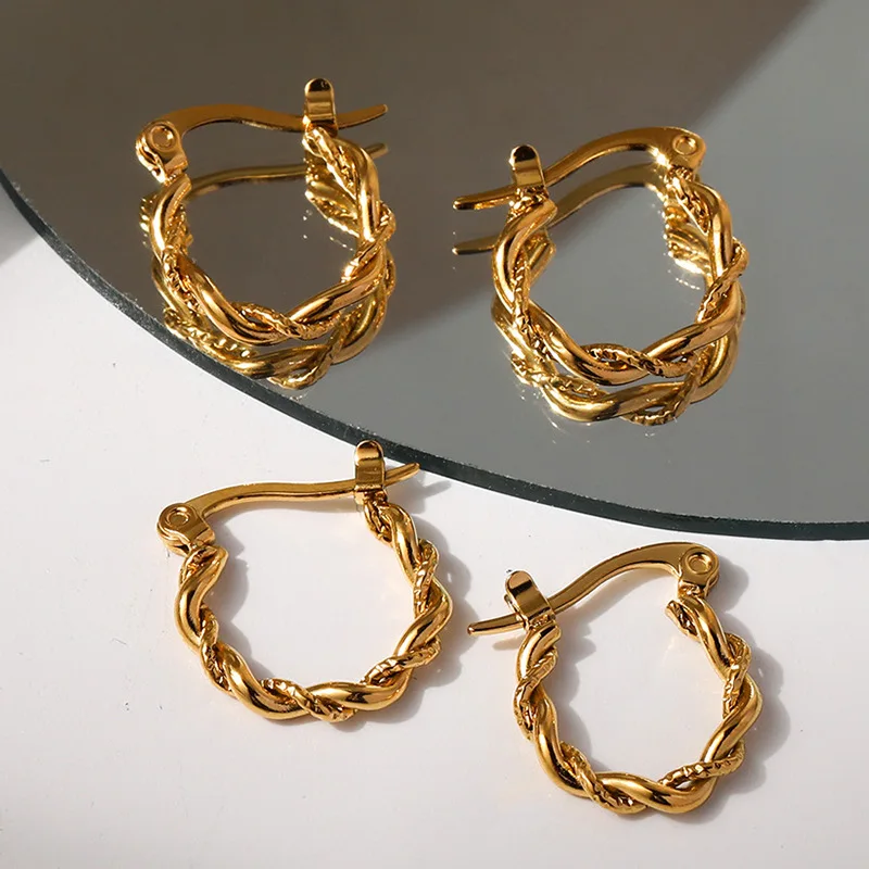 

Vintage Jewelry 18K Gold Plated Twisted Hoop Earring Tarnish Free Titanium Stainless Steel Hoop Earrings For Women