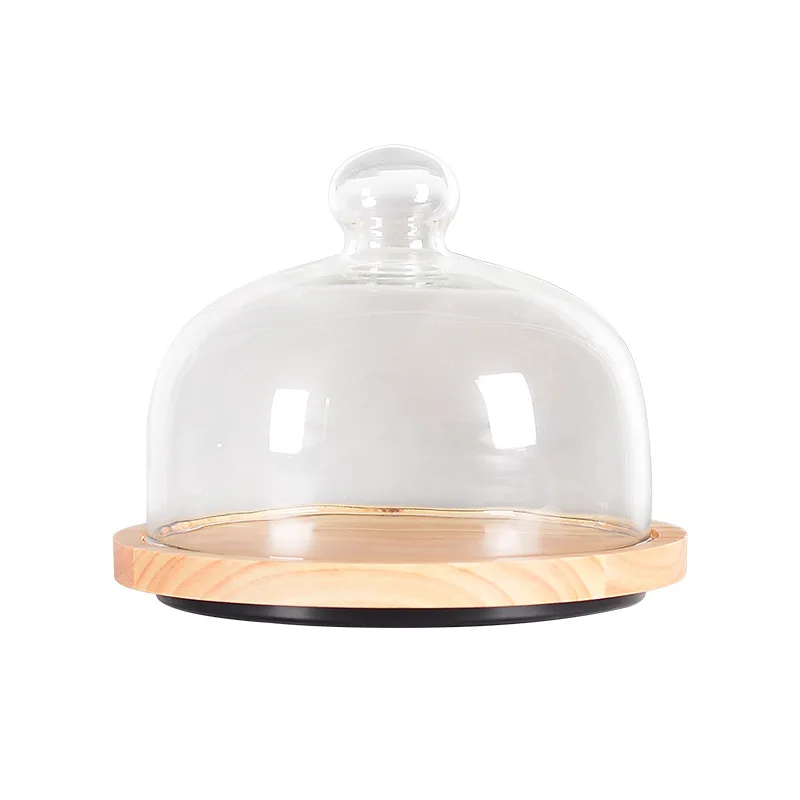 

Amazon hot sales wooden cake dessert fruit plate with glass cover, Glass and wood cake Rotatable plate