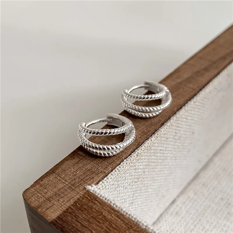 New 925 Sterling Silver Three-Layer Twist Round WOmen Ear Hoop Earrings