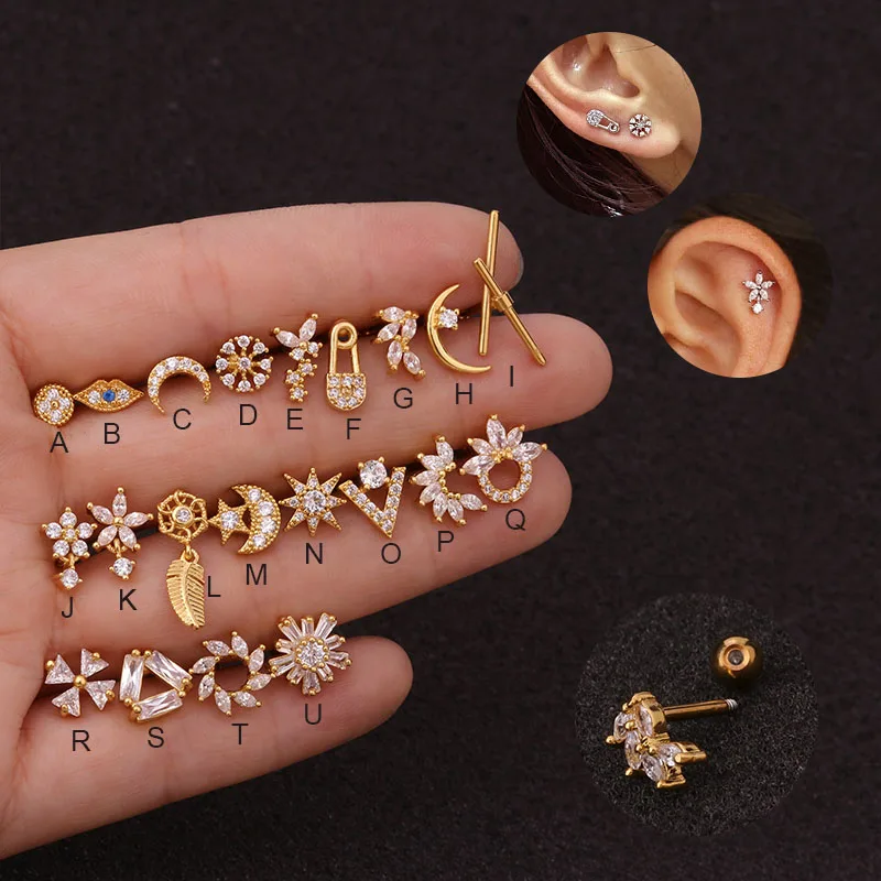 50pcs/lot 16g Safety Stainless Steel CZ Helix Earring Cartilage Barbell Tragus Conch Screw Back Stud Ear Piercing Jewelry