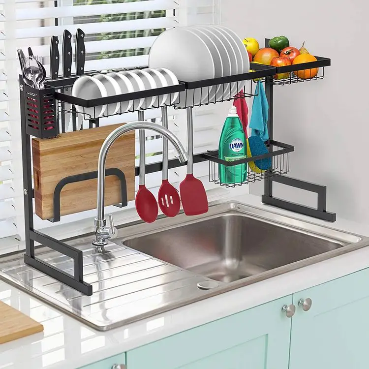

Kitchen Shelf Organizer Dish Drying Rack Over Sink Utensils Holder Bowl Dish Draining Shelf Kitchen Storage, Black