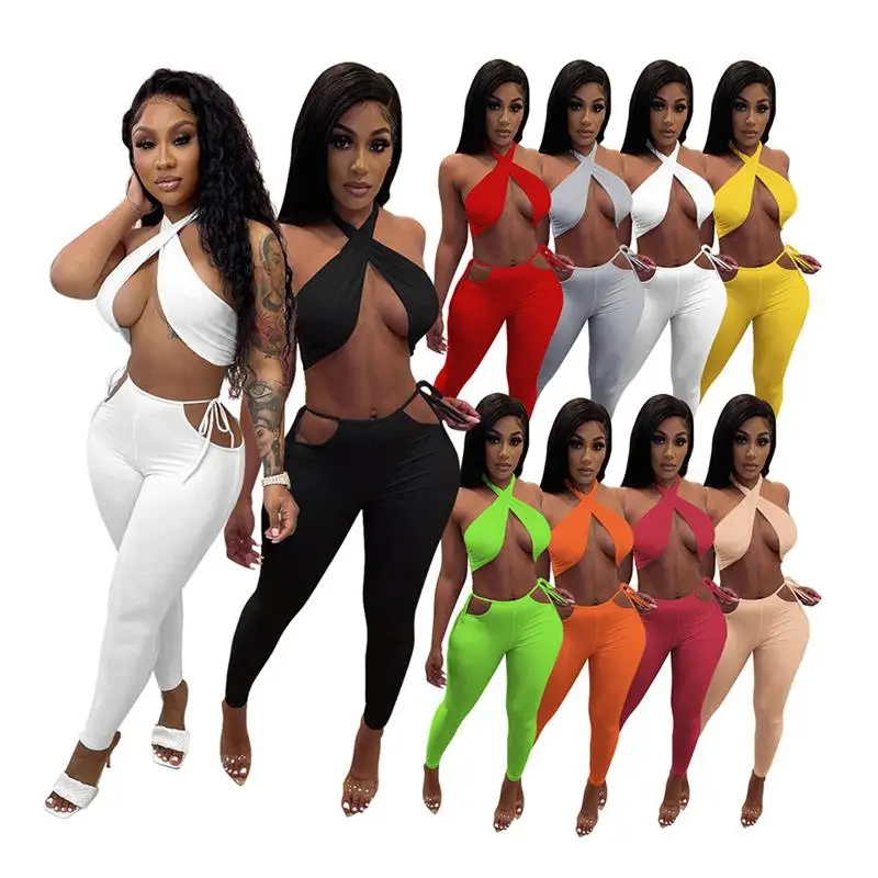 

Wholesale Cheap women clothing 2021 Two Piece Set Women Halter Crop Top Bandage Hollow Biker pants Sexy Night Club Outfits