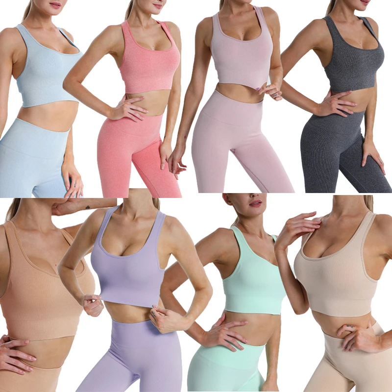 

Seamless Solid Color Top High Waist Fitness Yoga Pants Women Suit Sleeveless Ribbed Yoga Set, As picture