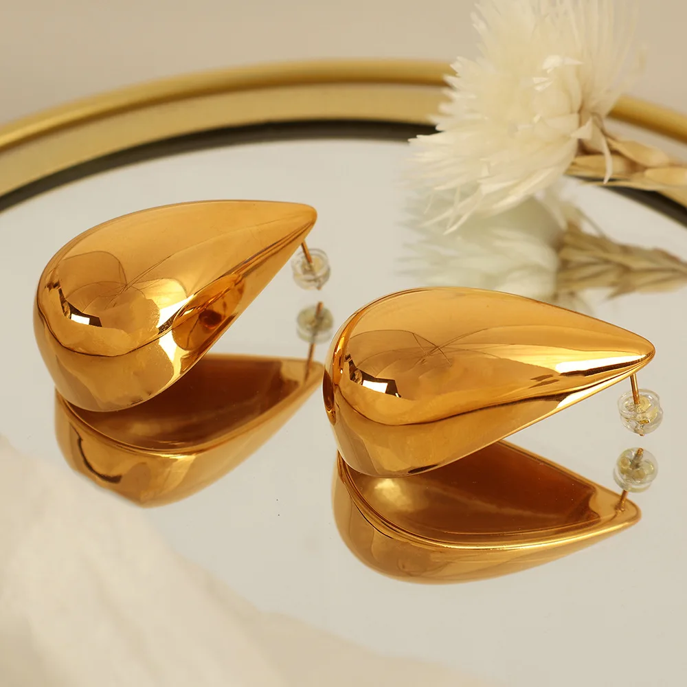 YF6008 Simple Stainless Steel Waterproof Jewelry 18k Gold Plated Oval Droplet Shaped Geometric Pendant Earrings