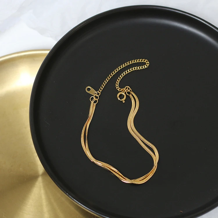 

European and American simple double layer flat snake 18k gold plated stainless steel chain bracelet bangle for girls, Optional as picture,or customized