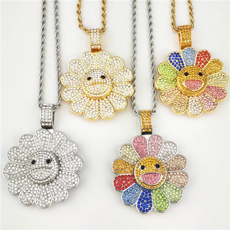 

Rotating Spinning Gold Filled Hip Hop Iced Out Micro Diamond Smiley Shiny Pendant Colorful Sun Flower Sunflower Necklace, Gold, silver black