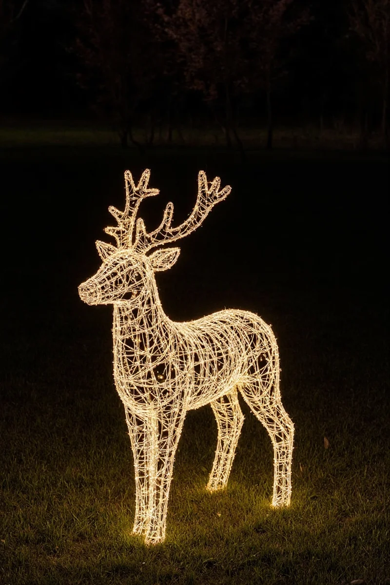 A golden retriever resting near a light-up deer with its head on the deer's base while children laugh in the background.