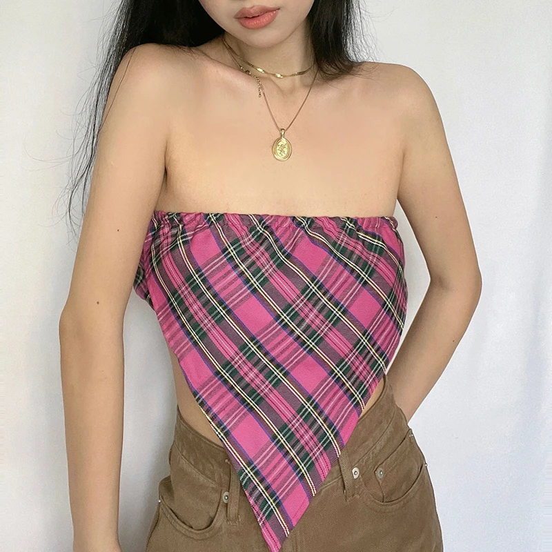 

Custom Sexy Rhombic Triangle Bustier Grid Plaid Printing Pattern Strapless One Shoulder Backless Crop Top Woman Tube Top, Customized color