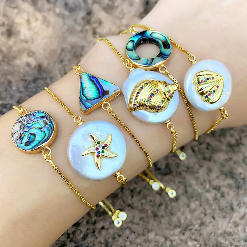 

Newest Bohemian Abalone Shell Bracelet Adjustable Rainbow CZ Starfish Tennis Bracelet For Women