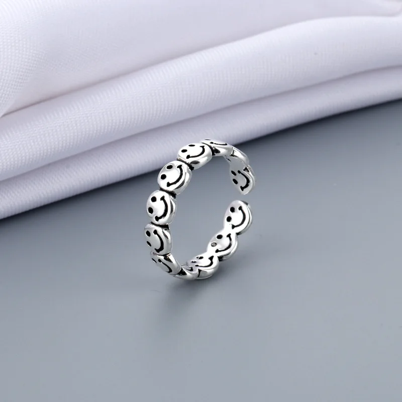 

Hip Hop Vintage Ancient Silver Color Ring for Women Punk Adjustable Indie Jewelry Best Gift Happy Smiling Face Open Rings, Sliver