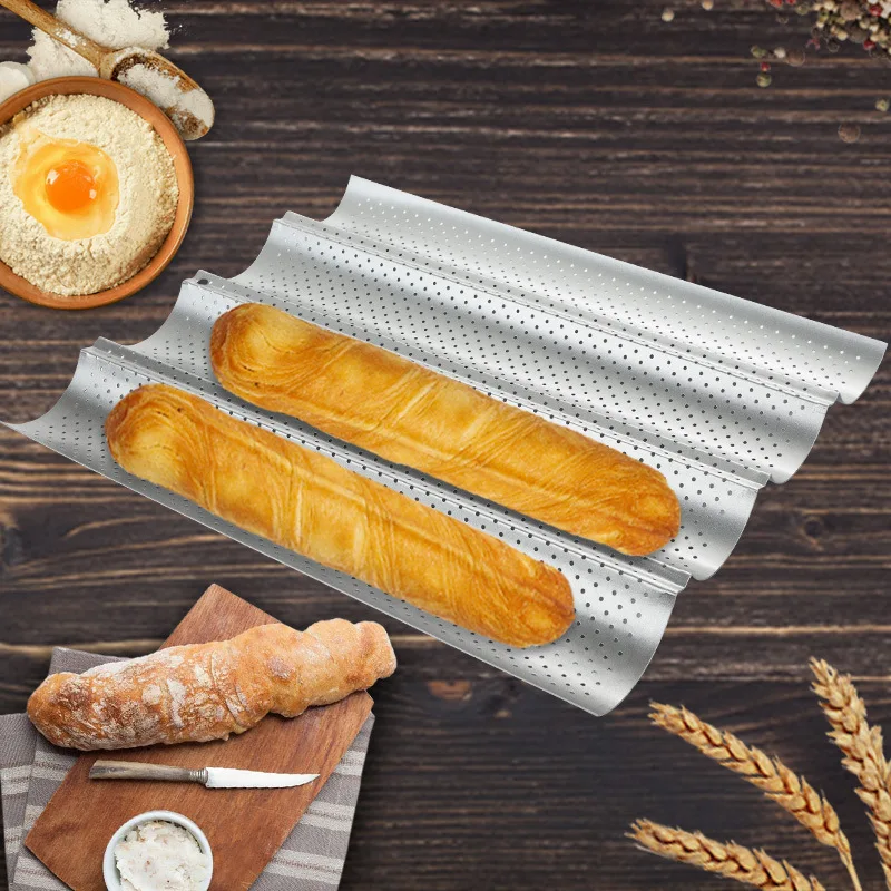 

Nonstick Perforated Baguette French Bread Loaf Baking Mold Pan Toast Molde Tray, Silver/black