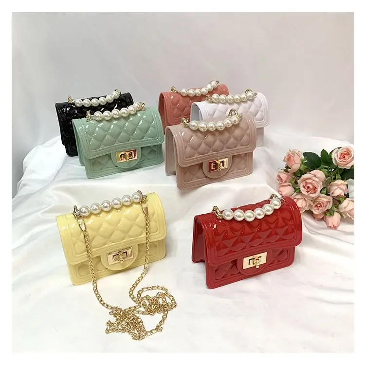 

2021 Classic Korean Square Small Jelly Bag Girls Mini Coin Purse Handbag Corss Body Candy Hand Bag Gold Chain with pearl handle, Customizable