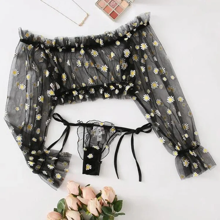 

Sexy Women Daisy Flower Print Bra And Panty Set Long Sleeve Underwear Suit Lingerie Sets