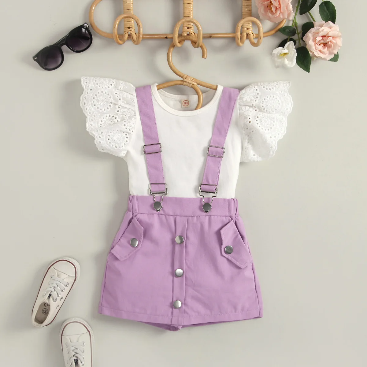 

New fashion summer toddler girls ruffled lace sleeveless knitting T-shirt + overalls skirt 2 pieces clothing set, Picture shows