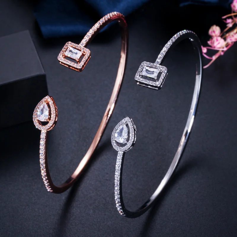 Fashion Exquisite Rose Gold and Silver Color Cubic Zircon Crystal Round Open Cuff Bangles for Women Dress CZ Jewelry Accessories