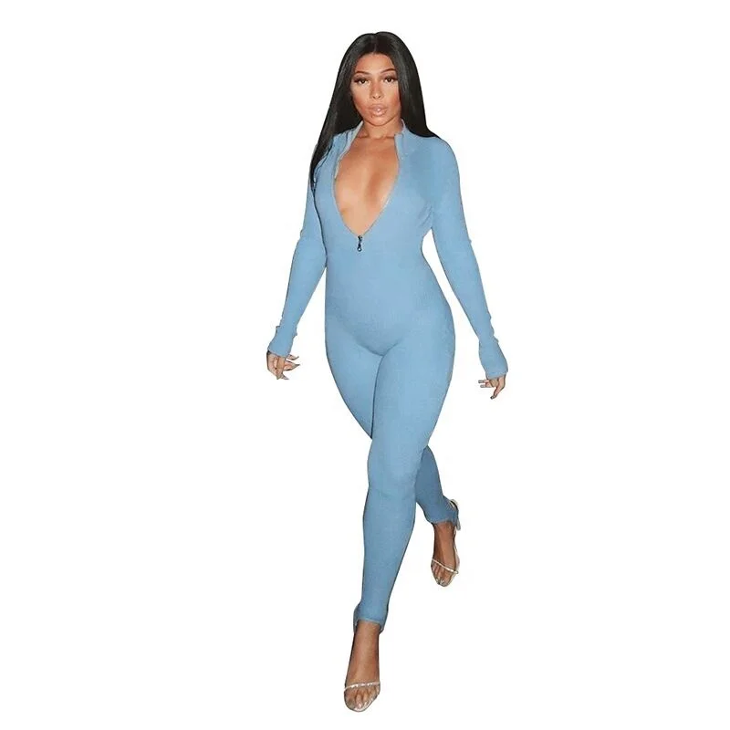 Ladies sports fitness Women Long Sleeve Half Zip Jumpsuit One Piece Bodycon drop shipping