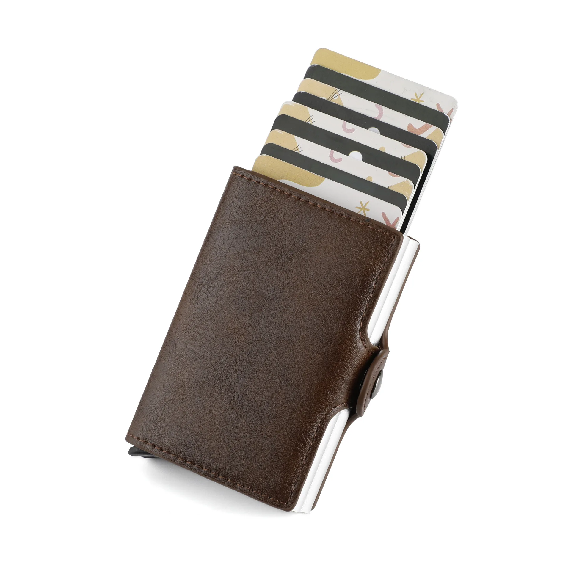 

Pop Up Wallet Automatic Leather Slim Credit Card Holder RFID Blocking Metal Double Card Case for Men and Women, Black carbon fiber dark brown light brown