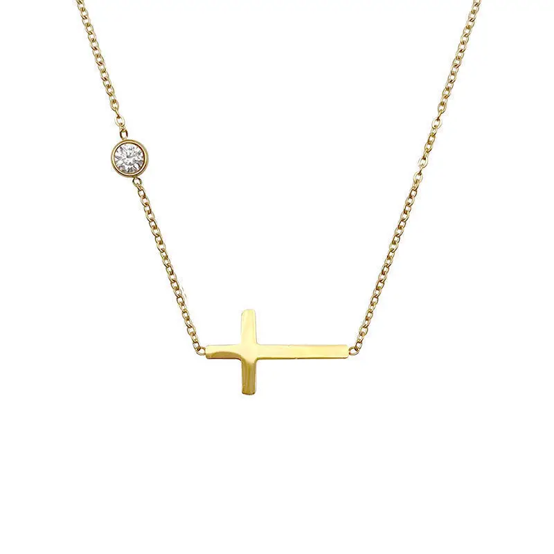 Fashion Dainty 18K Gold Plated Cross Round Zircon CZ Necklace Women Stainless Steel Small Cross Choker Necklace