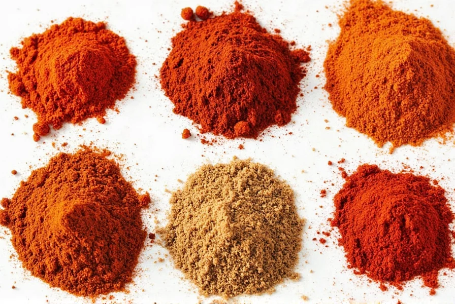Various spices including paprika, ancho, and chipotle powders