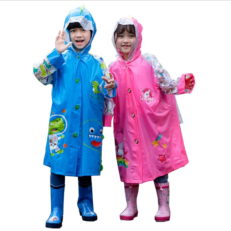 

PVC Inflatable Hat Raincoat Children Cartoon Print Botton Raincoat Waterproof Schoolbag Botton Children Raincoat, Pink/blue/green