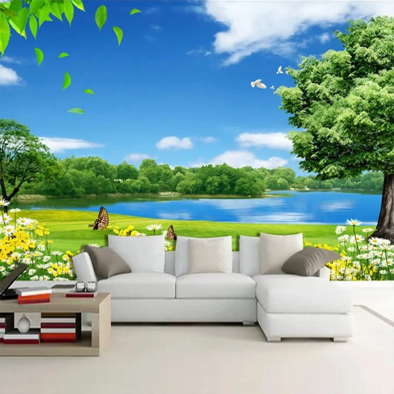 Custom 3d Photo Wallpaper Blue Sky White Clouds Meadow Lake Water Tree