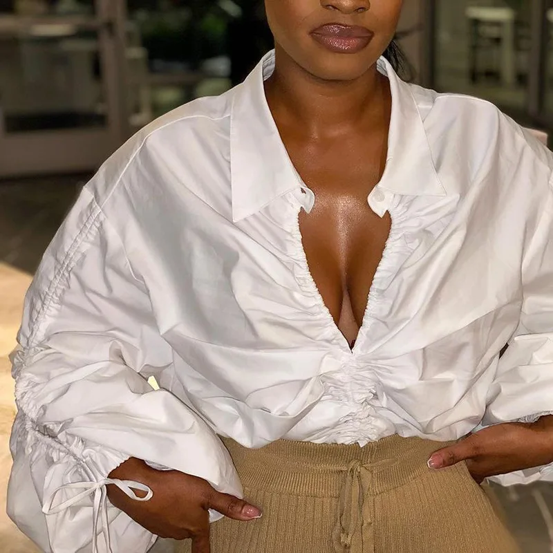 

CuteNOVA M20720T Casual White Shirt Women Puff Drawstring Long Pleated Sleeves Deep-V Crop Top
