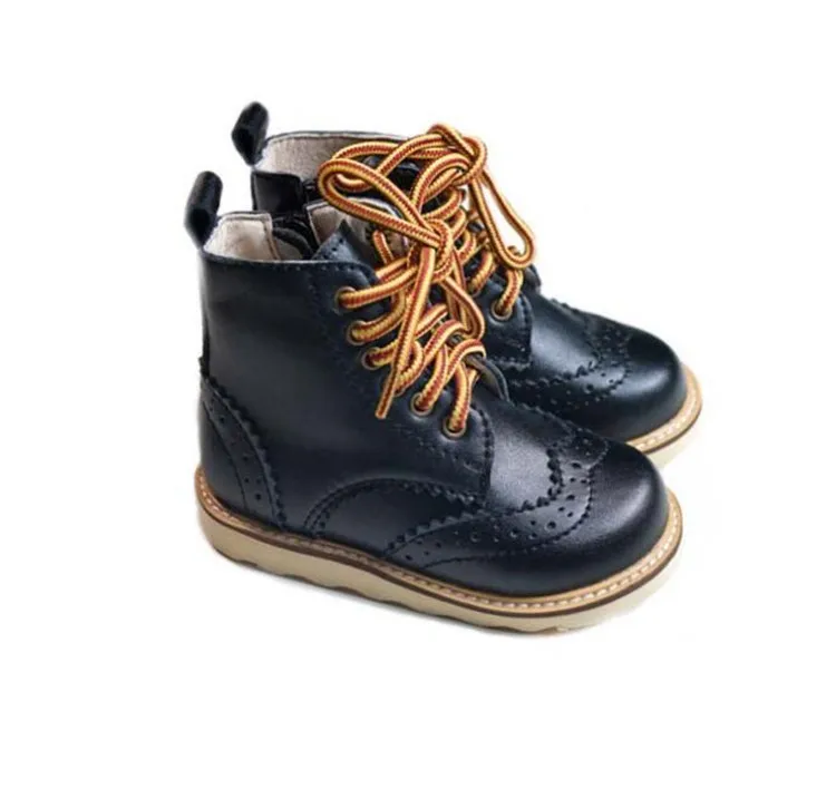 

High Quality Rubber Sole Kids Boots Shoes Genuine Leather Lace Up Anti-Slip Kids Martin Boots, 3 colors