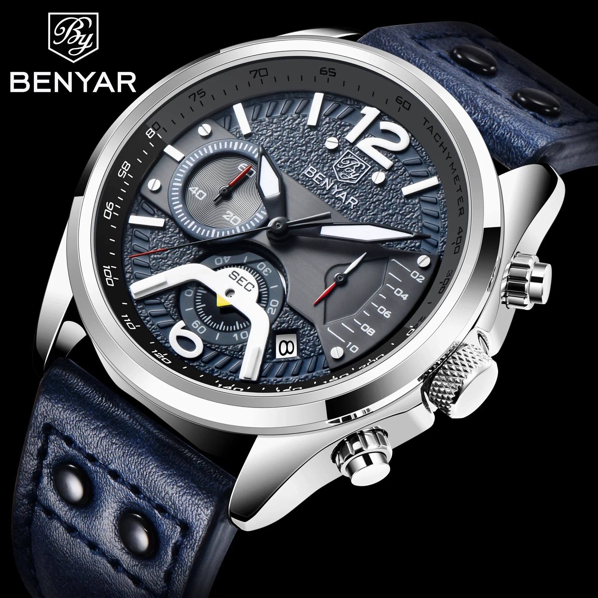 

BENYAR New Luxury Men Quartz Wristwatches Sports Waterproof Chronograph Watch Top Brand Leather Military Watch reloj hombre 5171, Shown