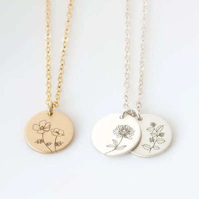 

Customate Fashion Customized Logo Women Stainless Steel Disc Pendant Jewelry Custom Birth Month Flower Necklace, Gold/silver