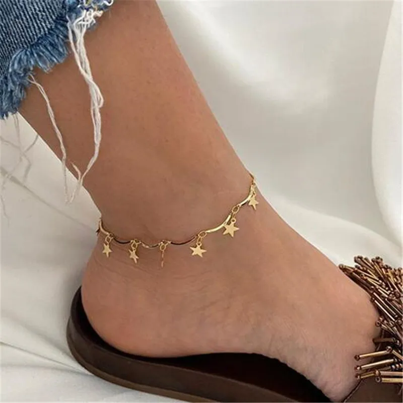 

European and American cross border jewelry personalized beach personalized metal elements simple Sequin star Anklet, Golden , silver