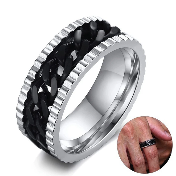 

Men's Personality Domineering Ring 3 Colors Chain Rotation Titanium Steel Men Ring Punk Stainless Steel Chain Ring For Man, Blue, black, gold, steel, colorful