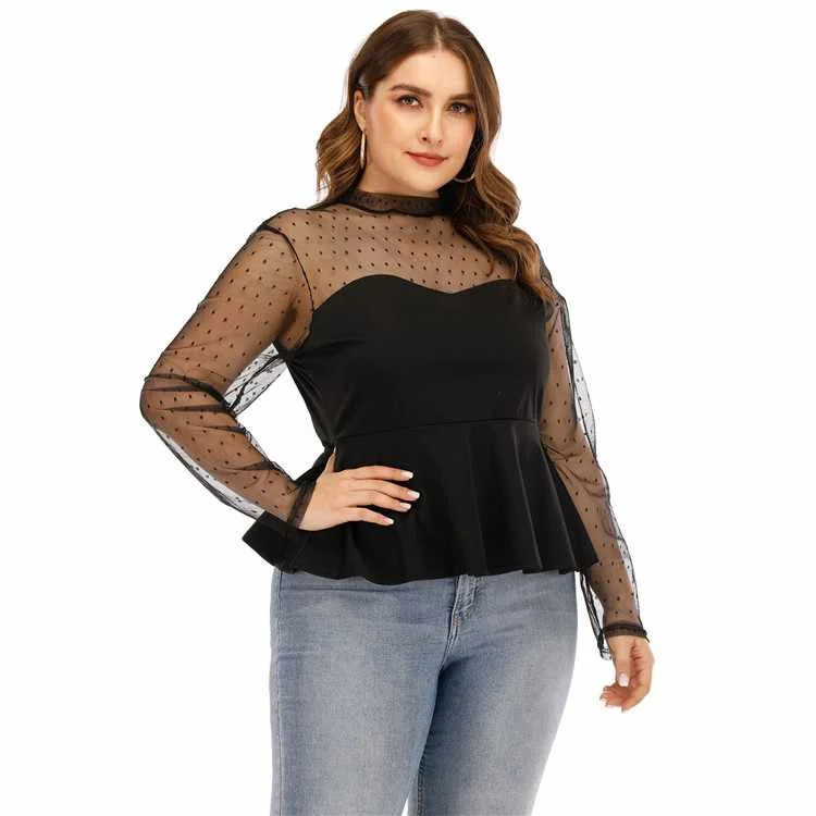 

Plus Size Women's Sexy See-through Mesh And Receiving Waist Long-sleeved T-shirt Top Women, As pic