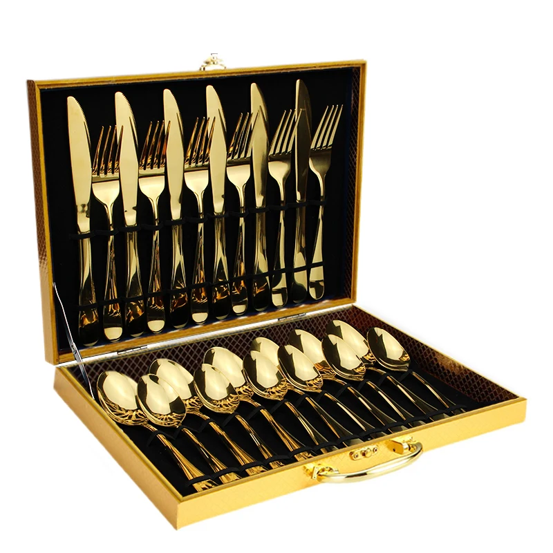 

Wholesale cheap tableware spoon fork knife gold cutlery 24pcs with wooden box flatware sets stainless steel cutlery set