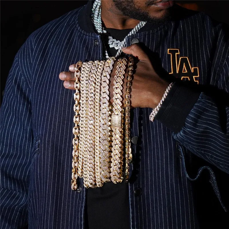 

Wholesale Iced Out All Size Miami Cuban Link Chain Bracelets Necklaces Collection Zircon Copper Hip Hop Unisex Jewelry
