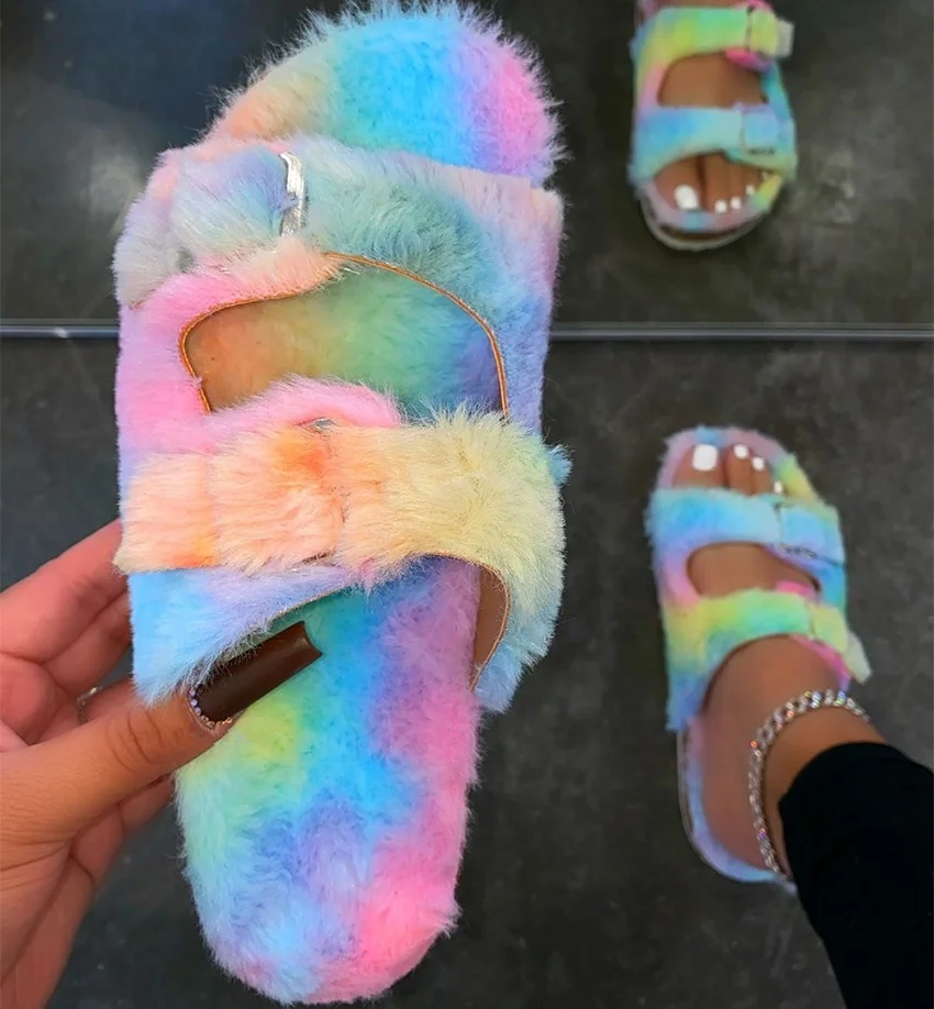 

Open Toe Candy Color Women's Fur Slippers Comfy Thick Sole Buckle Strap Fashion Slides Slippers Shoes Women