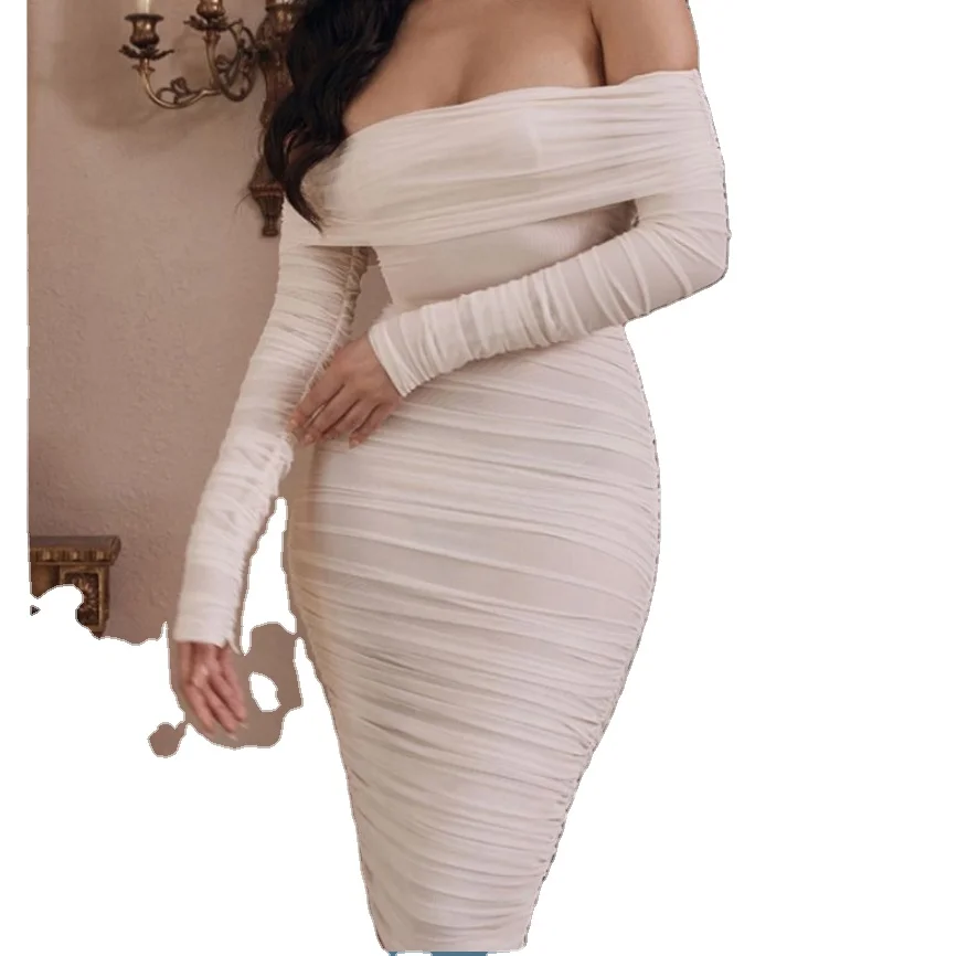 

new women's pure color slim party long-sleeve one-shoulder pleated early spring Sexy slim party long sleeves dress Hot-selling