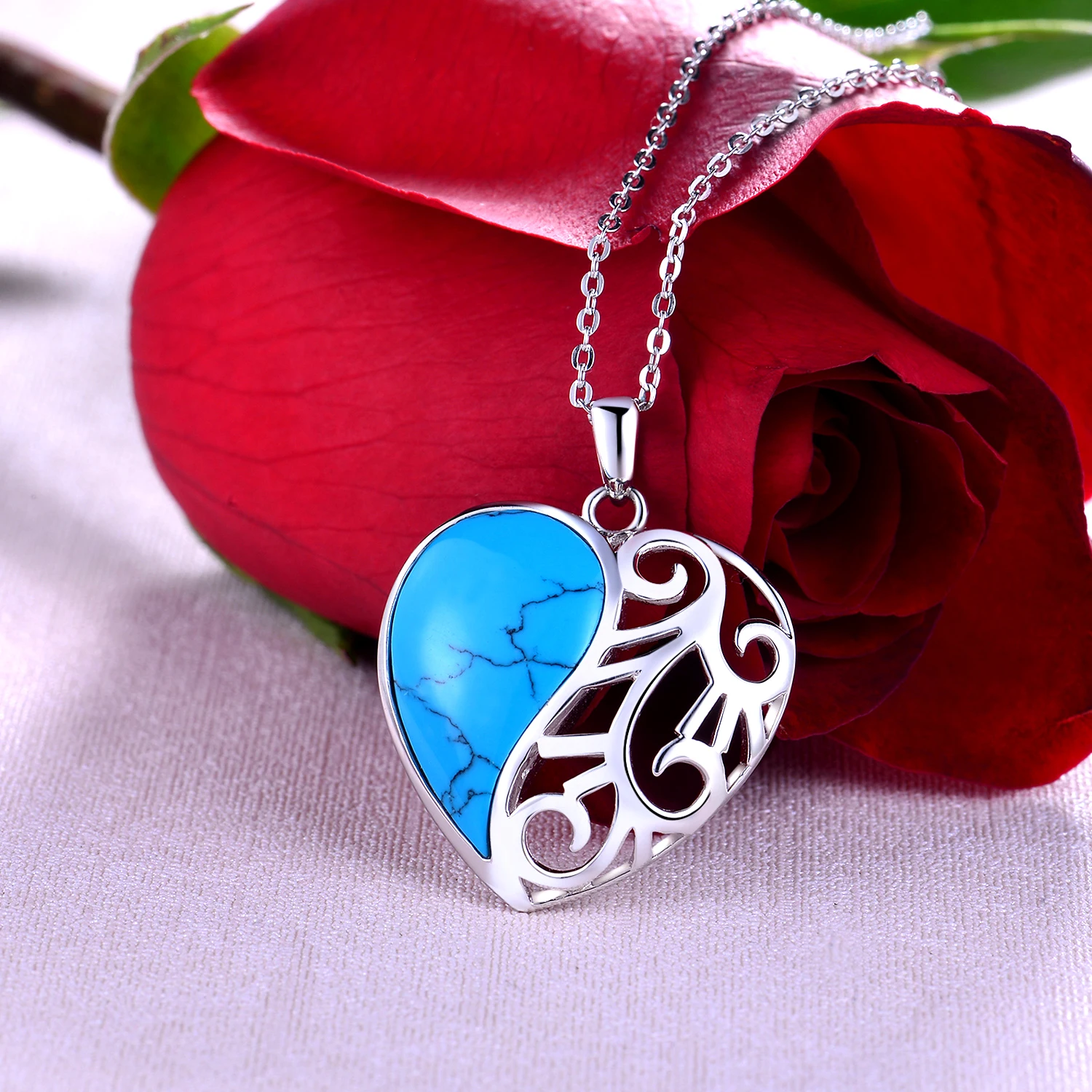 

Valentine Wholesale Women Jewelry Pendant Gift 925 Sterling Silver Mom Mother Day Stone Turquoise Heart Necklace, Blue and silver