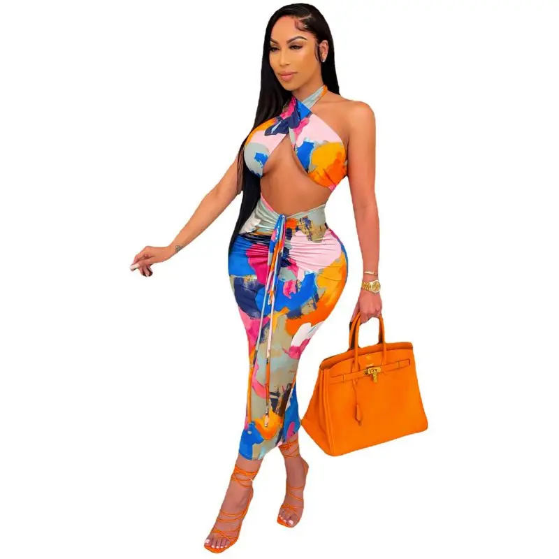 

2021 New arrival fashion women sexy Floral Halter top and skirt two piece set women ladies clothing